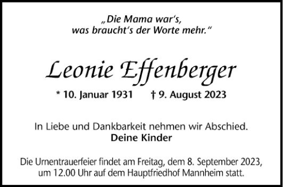 Traueranzeige von Leonie Effenberger von Mannheimer Morgen