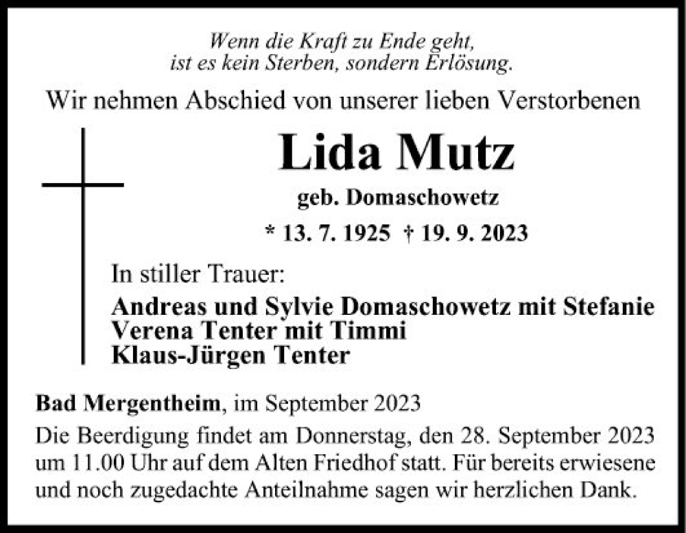  Traueranzeige für Lida Mutz vom 23.09.2023 aus Fränkische Nachrichten