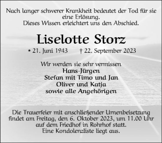 Traueranzeige von Liselotte Storz von Mannheimer Morgen