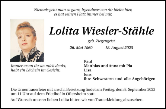 Traueranzeige von Lolita Wiesler-Stähle von Schwetzinger Zeitung