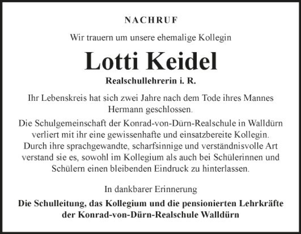  Traueranzeige für Lotti Keidel vom 16.09.2023 aus Fränkische Nachrichten