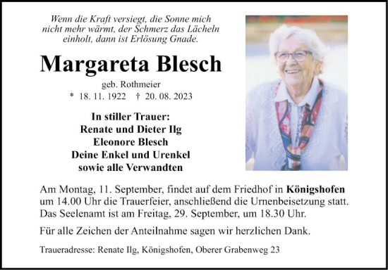 Traueranzeige von Margareta Blesch von Fränkische Nachrichten