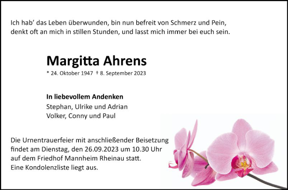  Traueranzeige für Margitta Ahrens vom 16.09.2023 aus Mannheimer Morgen