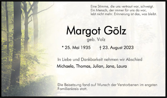 Traueranzeige von Margot Gölz von Bergsträßer Anzeiger