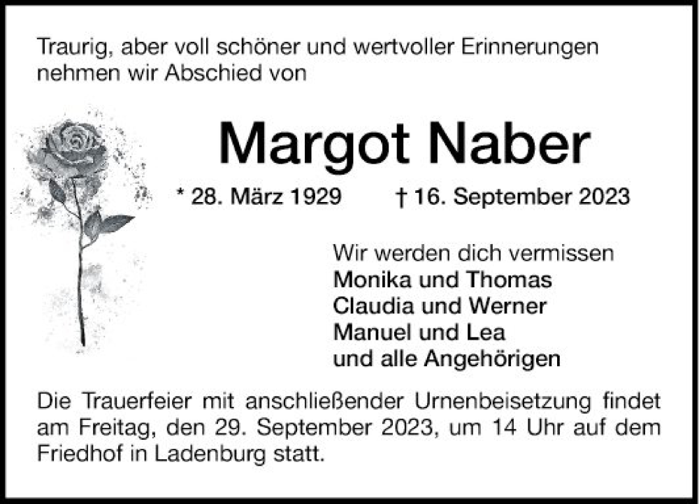  Traueranzeige für Margot Naber vom 23.09.2023 aus Mannheimer Morgen