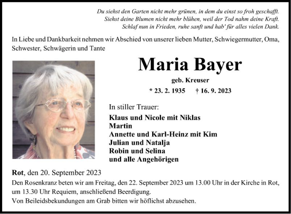  Traueranzeige für Maria Bayer vom 20.09.2023 aus Fränkische Nachrichten