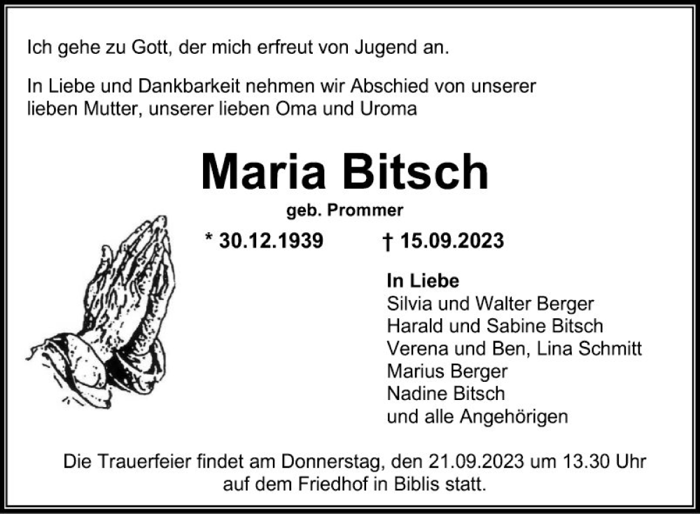  Traueranzeige für Maria Bitsch vom 20.09.2023 aus Mannheimer Morgen