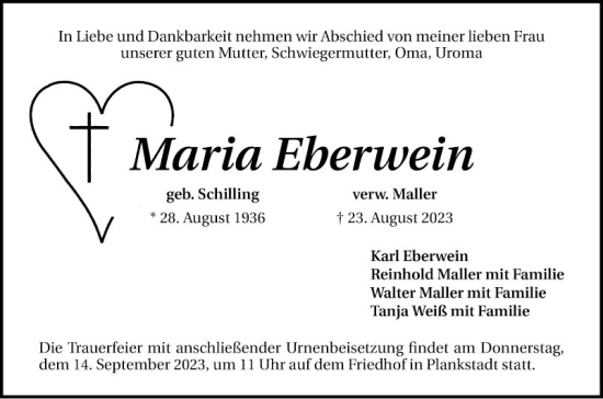 Traueranzeige von Maria Eberwein von Schwetzinger Zeitung