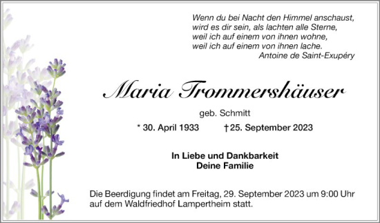 Traueranzeige von Maria Trommershäuser von Mannheimer Morgen