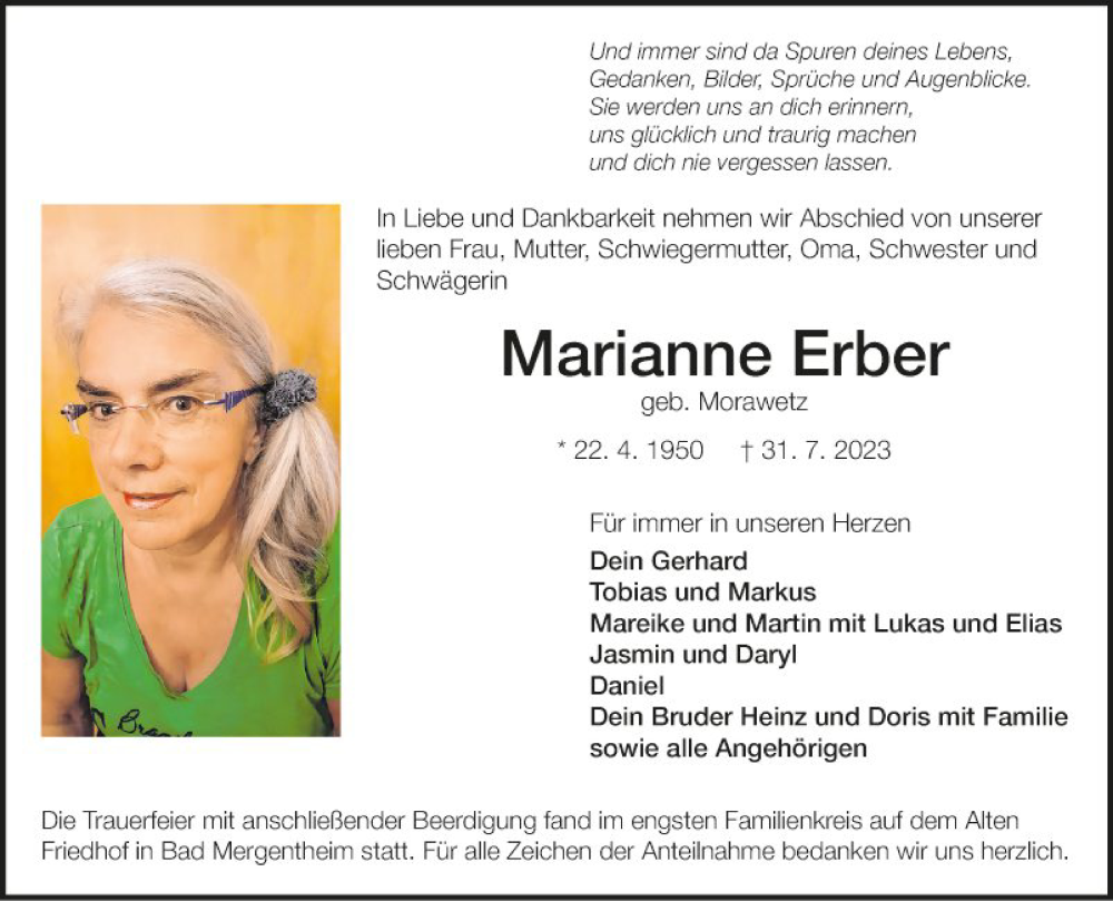  Traueranzeige für Marianne Erber vom 16.09.2023 aus Fränkische Nachrichten