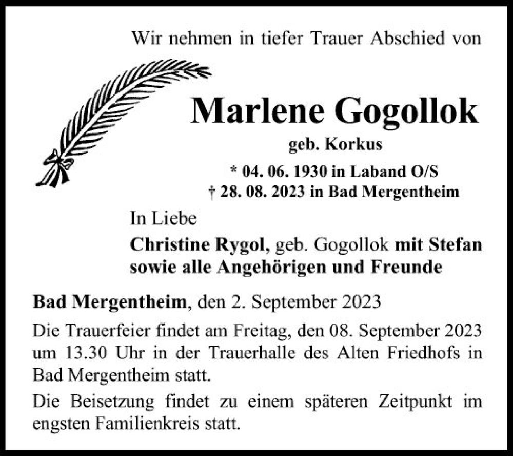  Traueranzeige für Marlene Gogollok vom 02.09.2023 aus Fränkische Nachrichten