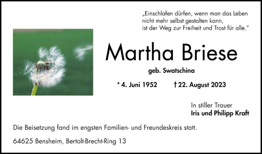  Traueranzeige für Martha Briese vom 23.09.2023 aus Bergsträßer Anzeiger