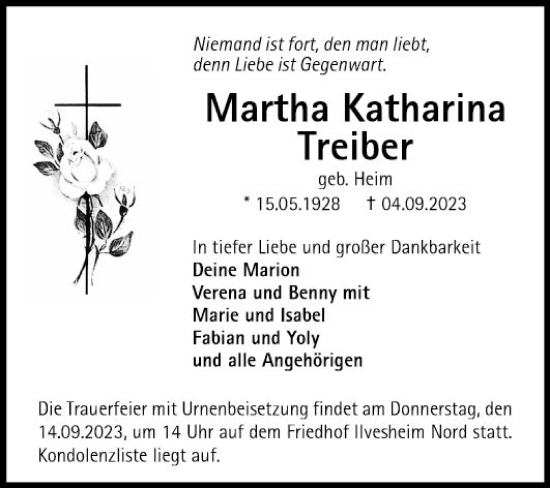 Traueranzeige von Martha Katharina Treiber von Mannheimer Morgen