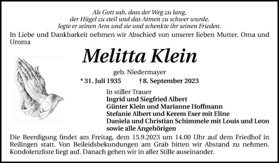 Traueranzeige von Melitta Klein von Schwetzinger Zeitung