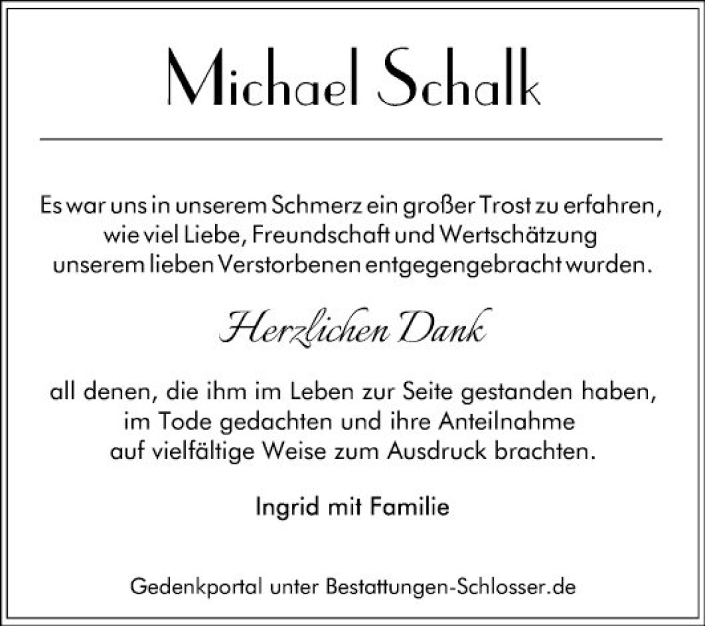  Traueranzeige für Michael Schalk vom 02.09.2023 aus Mannheimer Morgen