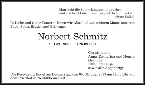 Traueranzeige von Norbert Schmitz von Schwetzinger Zeitung