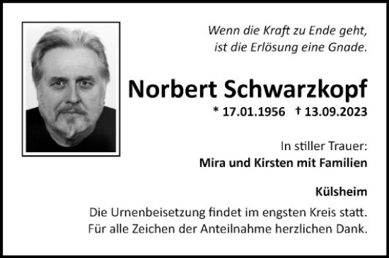 Traueranzeige von Norbert Schwarzkopf von Fränkische Nachrichten