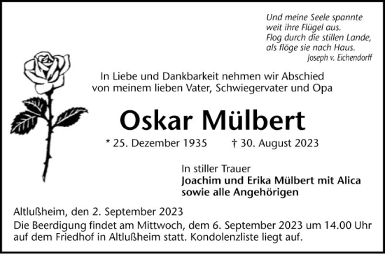 Traueranzeige von Oskar Mülbert von Schwetzinger Zeitung