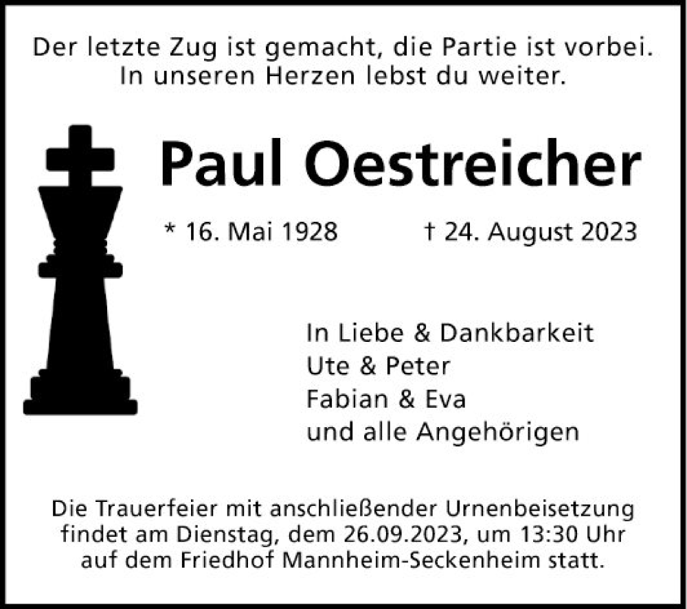  Traueranzeige für Paul Oestreicher vom 23.09.2023 aus Mannheimer Morgen