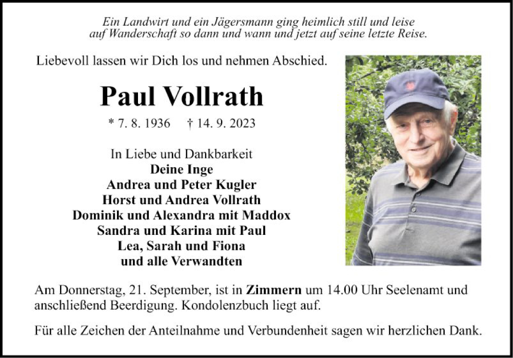  Traueranzeige für Paul Vollrath vom 19.09.2023 aus Fränkische Nachrichten