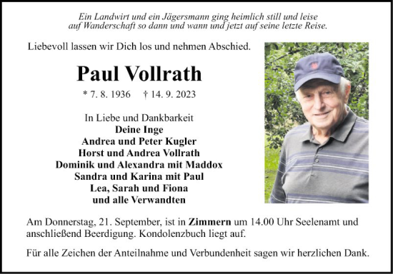 Traueranzeige von Paul Vollrath von Fränkische Nachrichten