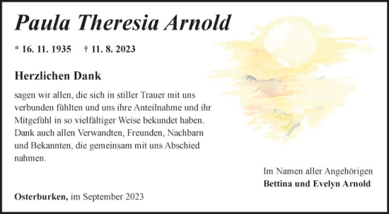 Traueranzeige von Paula Theresia Arnold von Fränkische Nachrichten