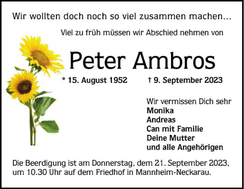 Traueranzeige für Peter Ambros vom 16.09.2023 aus Mannheimer Morgen