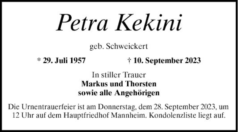  Traueranzeige für Petra Kekini vom 16.09.2023 aus Mannheimer Morgen