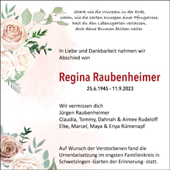 Traueranzeige von Regina Raubenheimer von Schwetzinger Zeitung