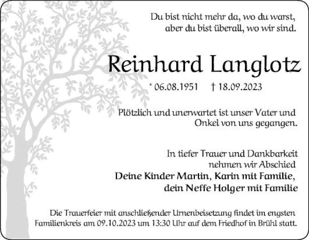 Traueranzeige für Reinhard Langlotz vom 23.09.2023 aus Schwetzinger Zeitung