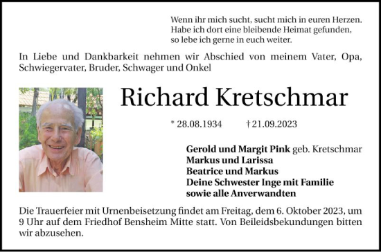 Traueranzeige von Richard Kretschmar von Bergsträßer Anzeiger