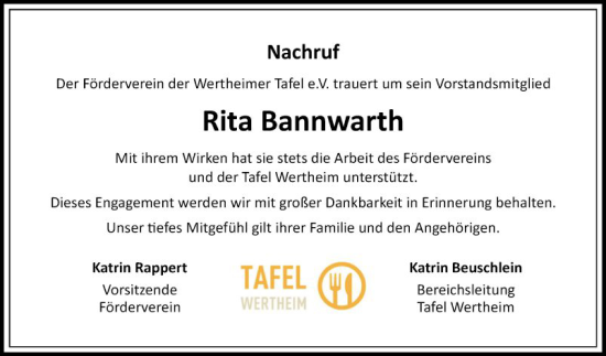 Traueranzeige von Rita Bannwarth von Fränkische Nachrichten