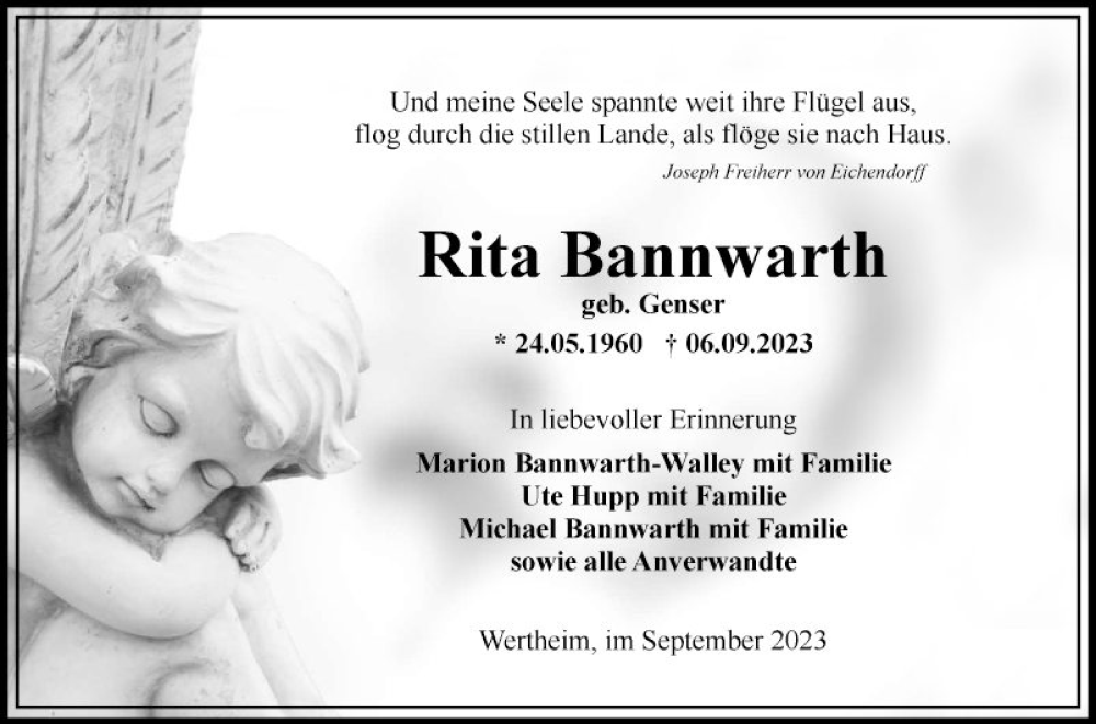  Traueranzeige für Rita Bannwarth vom 16.09.2023 aus Fränkische Nachrichten