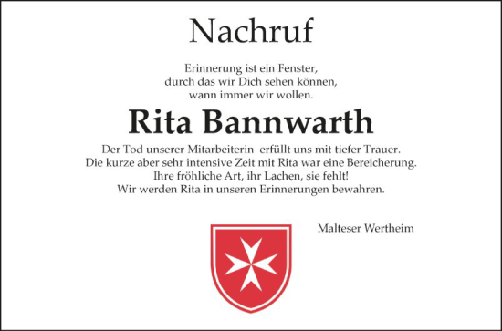 Traueranzeige von Rita Bannwarth von Fränkische Nachrichten