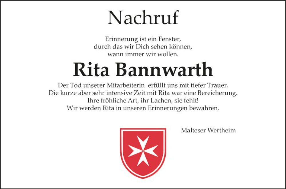  Traueranzeige für Rita Bannwarth vom 16.09.2023 aus Fränkische Nachrichten