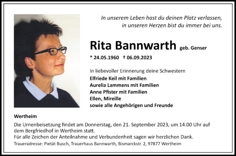  Traueranzeige für Rita Bannwarth vom 16.09.2023 aus Fränkische Nachrichten