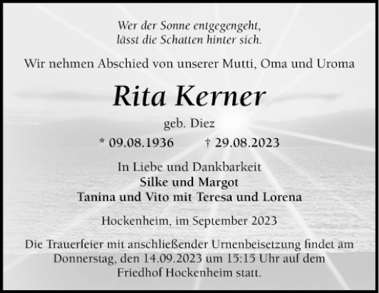 Traueranzeige von Rita Kerner von Schwetzinger Zeitung