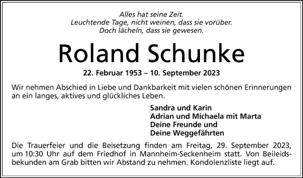  Traueranzeige für Roland Schunke vom 23.09.2023 aus Mannheimer Morgen