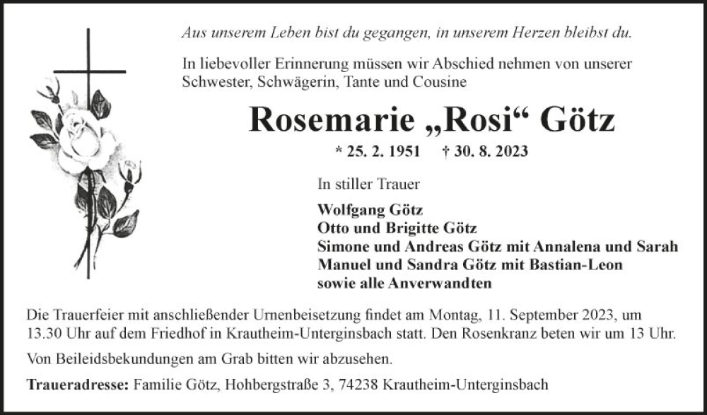  Traueranzeige für Rosemarie Götz vom 08.09.2023 aus Fränkische Nachrichten