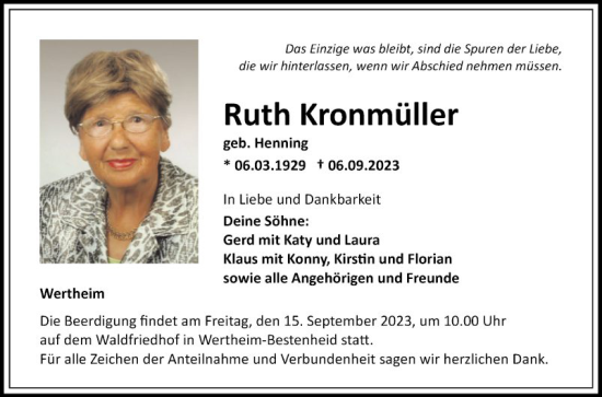 Traueranzeige von Ruth Kronmüller von Fränkische Nachrichten