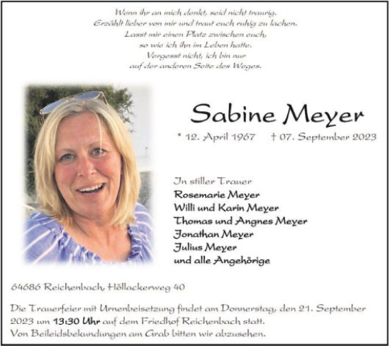 Traueranzeige von Sabine Meyer von Bergsträßer Anzeiger