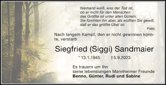 Traueranzeige von Siegfried Siggi Sandmaier von Mannheimer Morgen