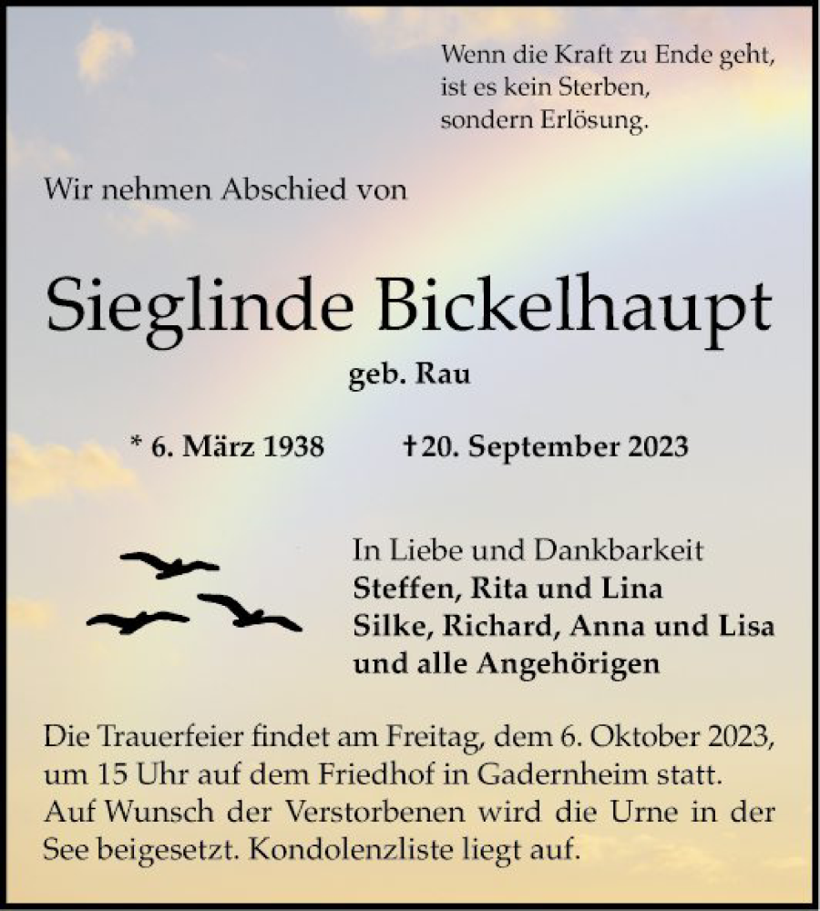  Traueranzeige für Sieglinde Bickelhaupt vom 30.09.2023 aus Bergsträßer Anzeiger