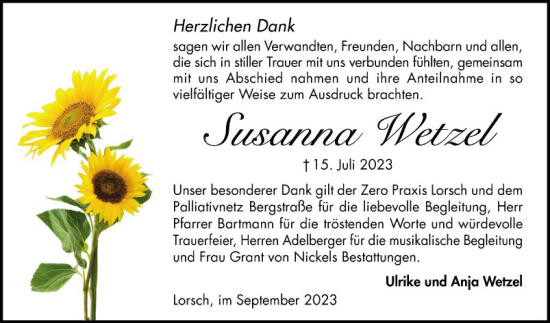 Traueranzeige von Susanna Wetzel von Bergsträßer Anzeiger