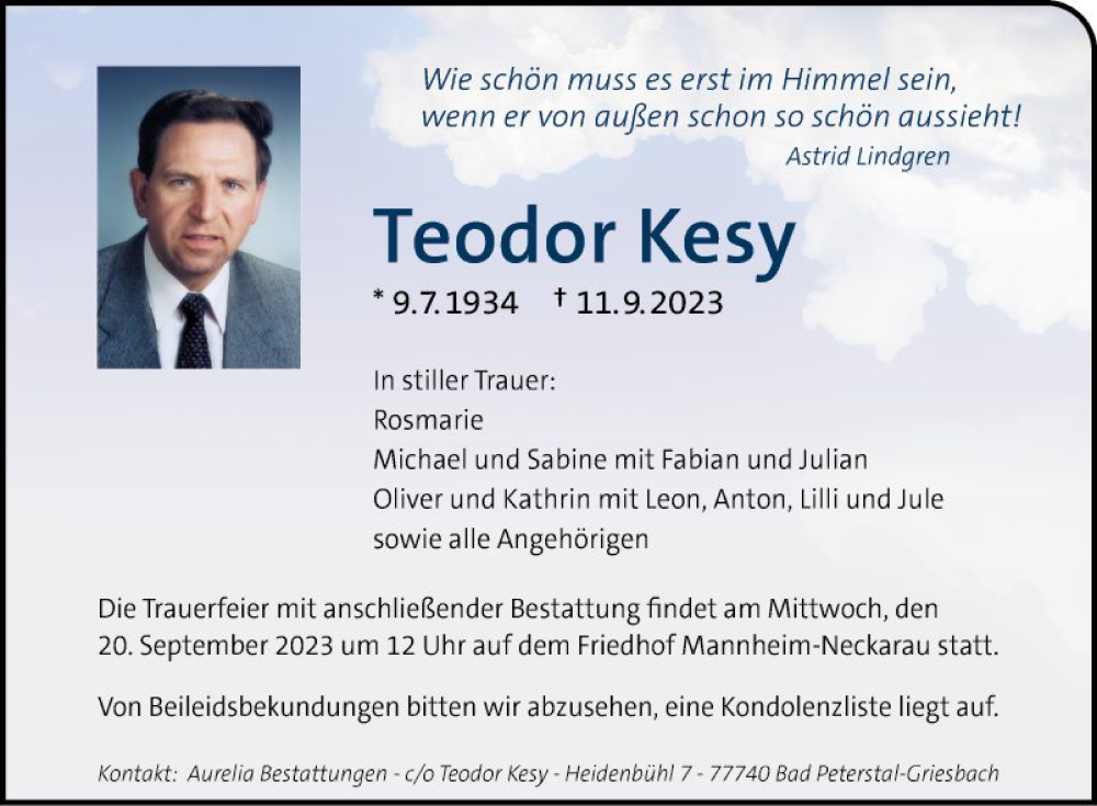  Traueranzeige für Teodor Kesy vom 16.09.2023 aus Mannheimer Morgen