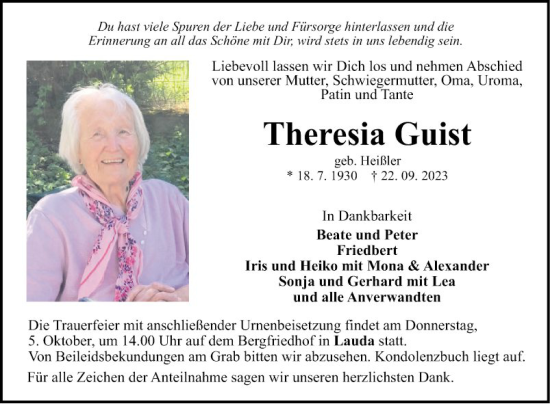 Traueranzeige von Theresia Guist von Fränkische Nachrichten