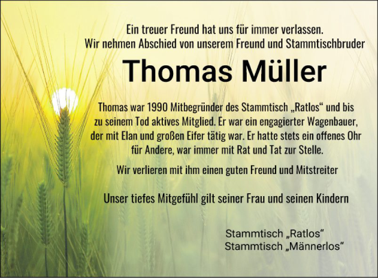 Traueranzeige von Thomas Müller von Fränkische Nachrichten