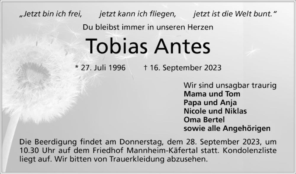  Traueranzeige für Tobias Antes vom 23.09.2023 aus Mannheimer Morgen