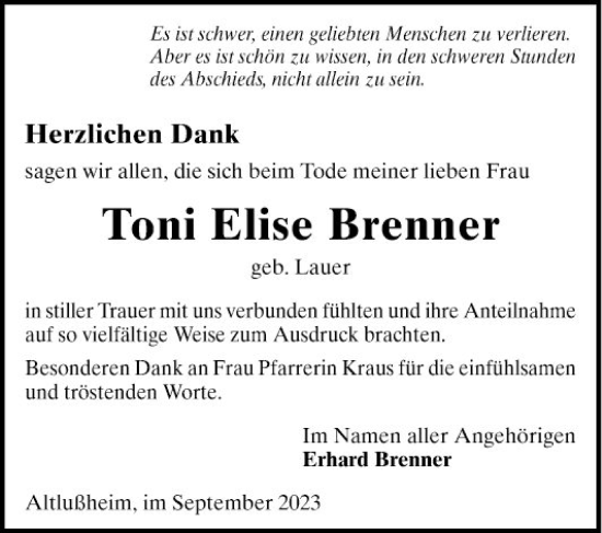 Traueranzeige von Toni Elise Brenner von Schwetzinger Zeitung