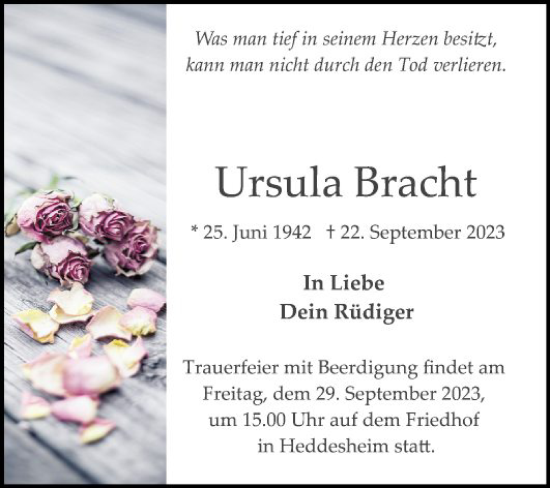 Traueranzeige von Ursula Bracht von Mannheimer Morgen